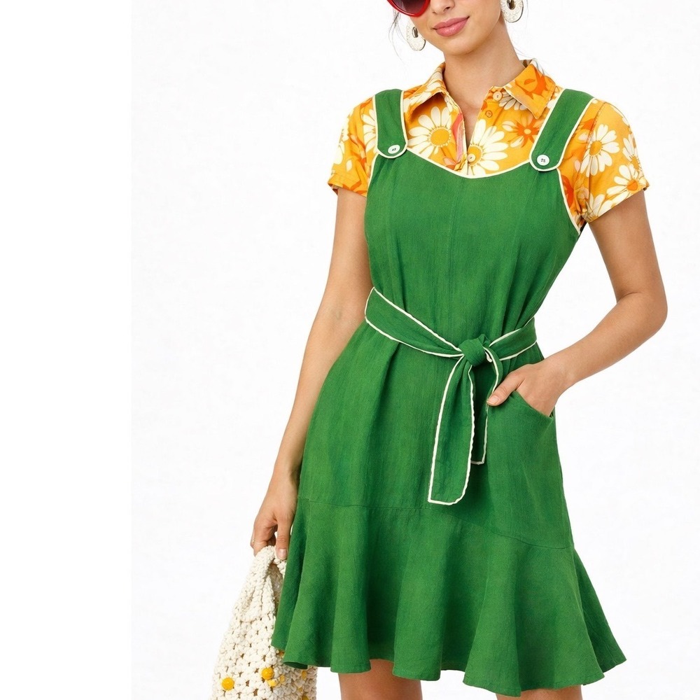 Tulip B Lime Green & White Detail Belted Flounce Hem Button Shoulder Strap Dress